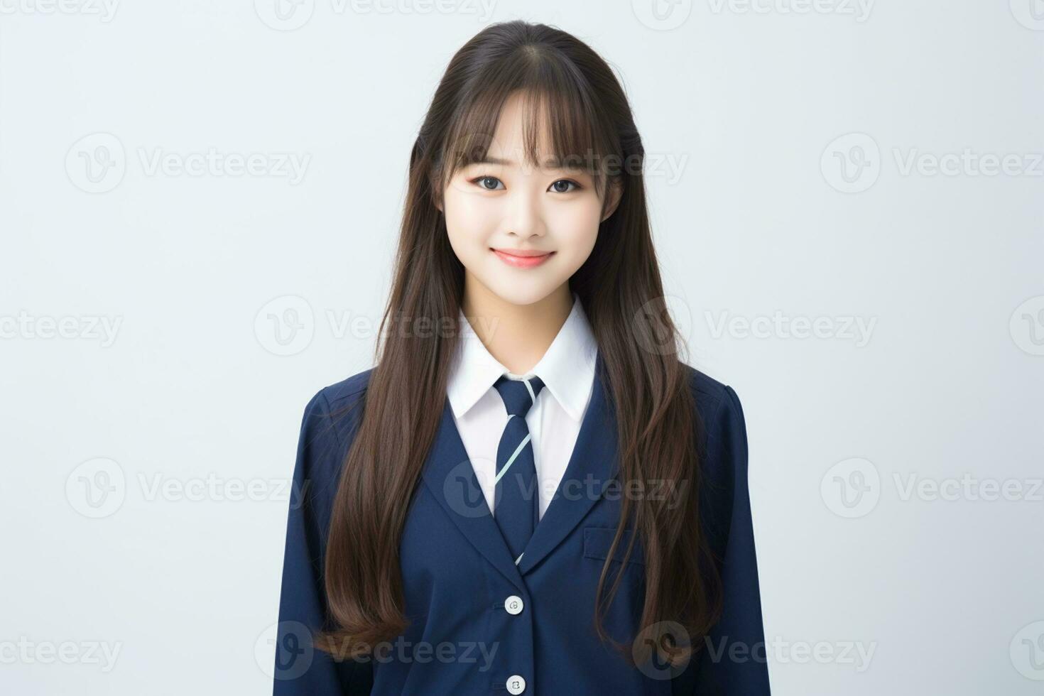 AI generated portrait of beautiful young japanese high school student girl in a school uniform isolated on a white background photo
