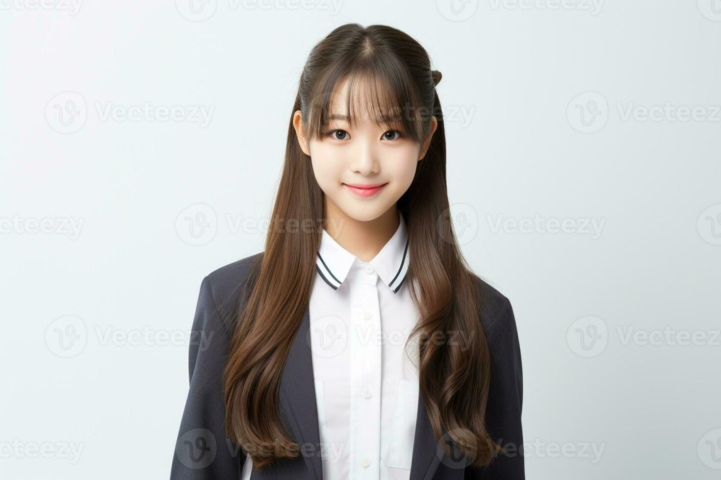 ai generado retrato de hermosa joven japonés alto colegio estudiante niña en un colegio uniforme aislado en un blanco antecedentes foto