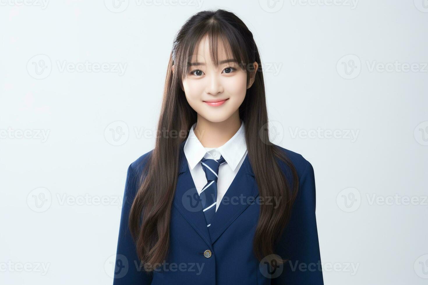 AI generated portrait of beautiful young japanese high school student girl in a school uniform isolated on a white background photo