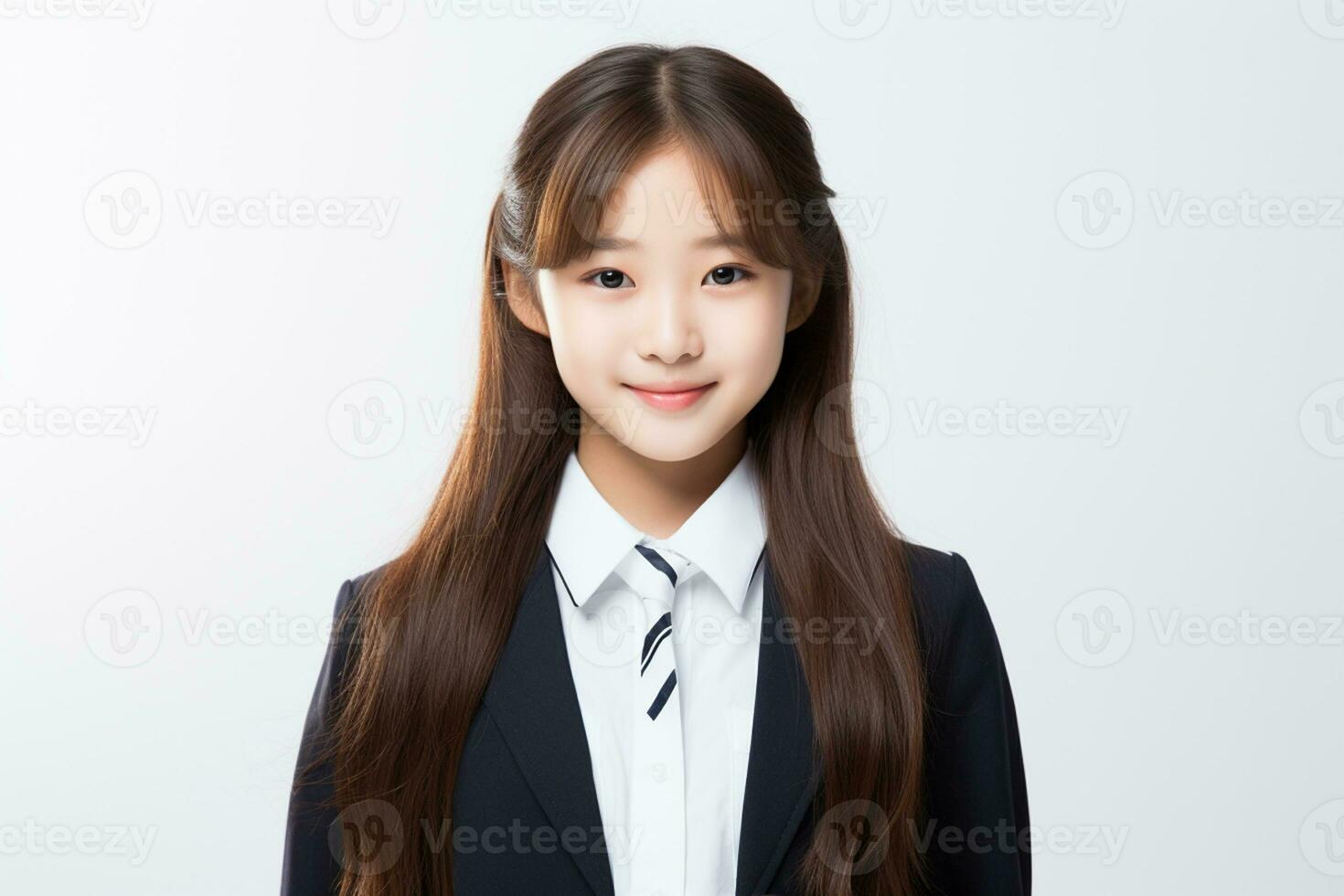 AI generated portrait of beautiful young japanese high school student girl in a school uniform isolated on a white background photo