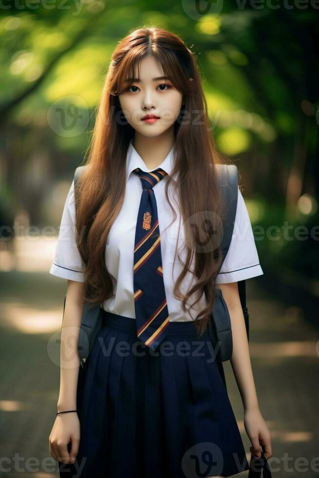 ai generado un joven chino alto colegio estudiante niña en un colegio uniforme posando para un foto