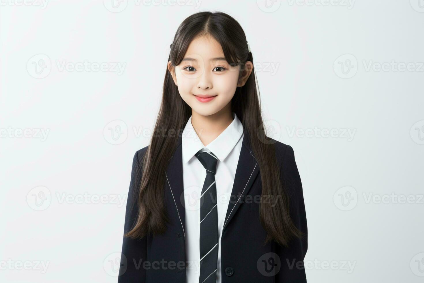 ai generado retrato de hermosa joven japonés alto colegio estudiante niña en un colegio uniforme aislado en un blanco antecedentes foto