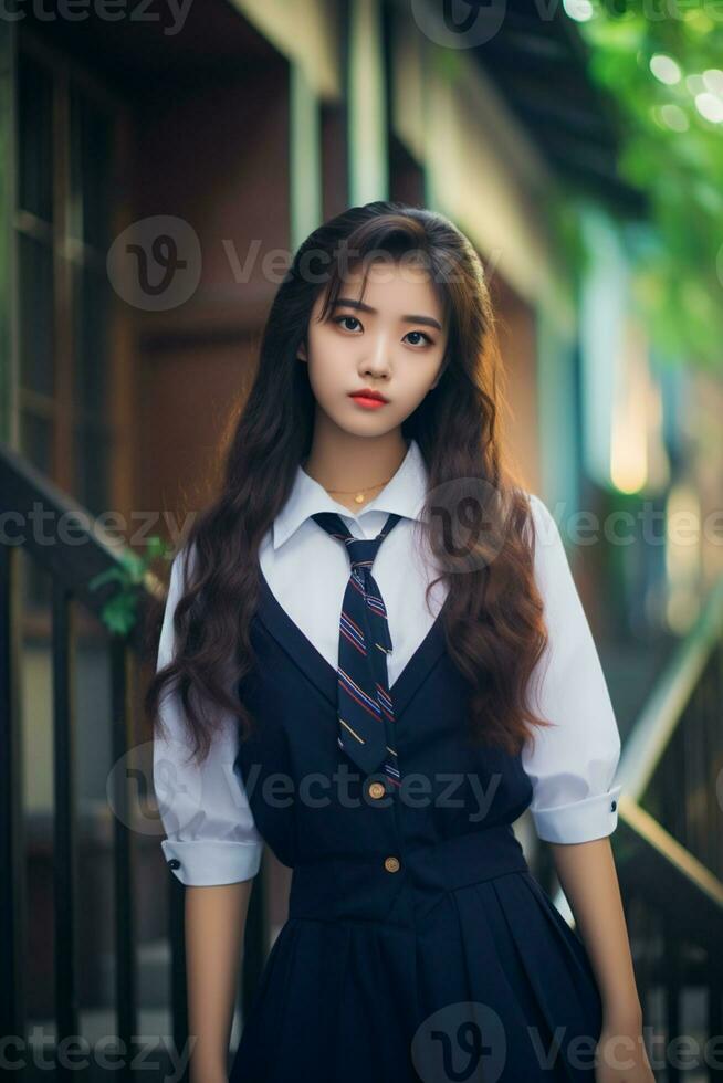 AI generated a young chinese high school student girl with wavy hair in a school uniform posing for a photo