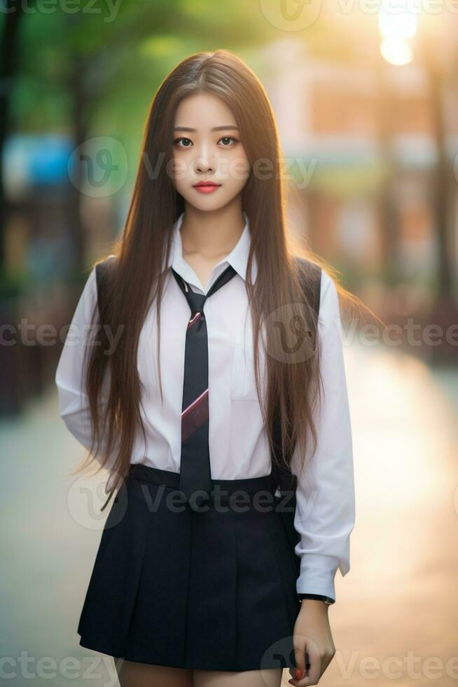 ai generado un joven chino alto colegio estudiante niña en un colegio uniforme posando para un foto