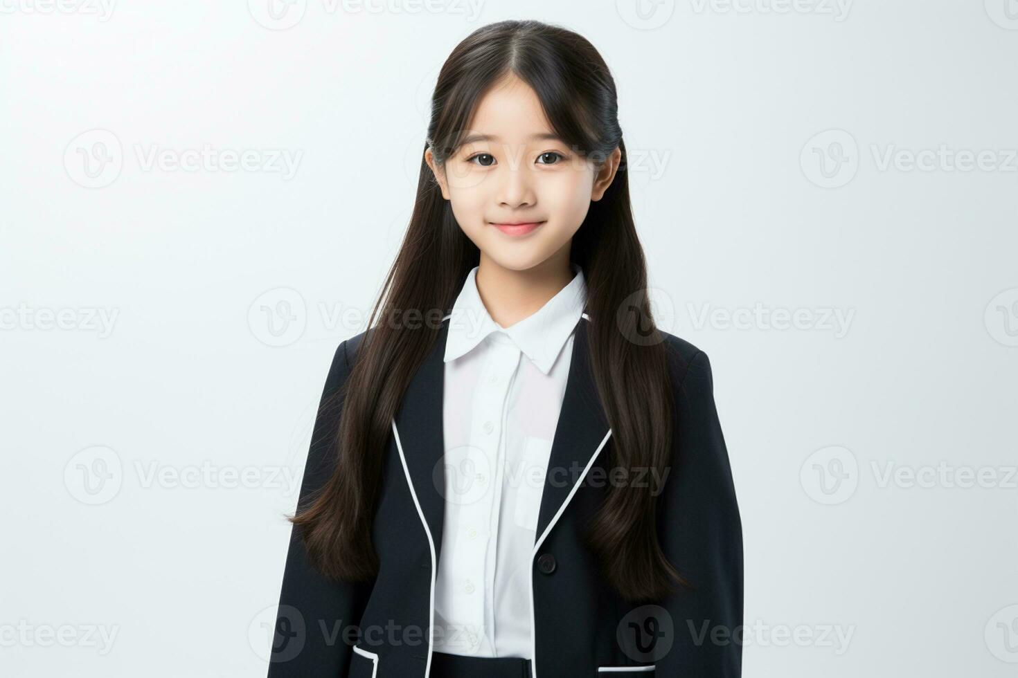 AI generated portrait of beautiful young japanese high school student girl in a school uniform isolated on a white background photo