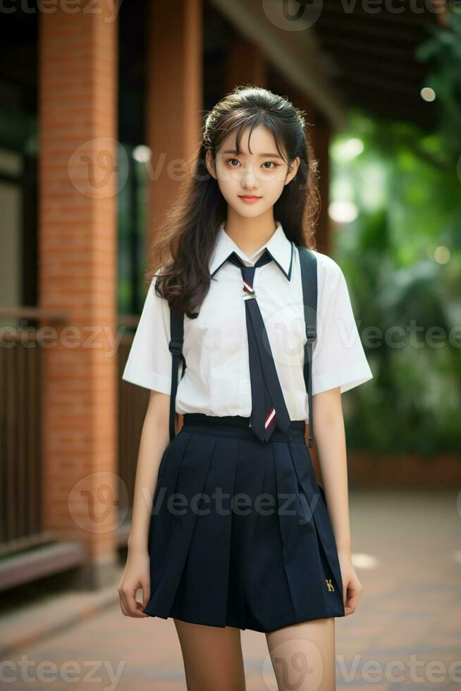 AI generated a young chinese high school student girl with wavy hair in a school uniform posing for a photo