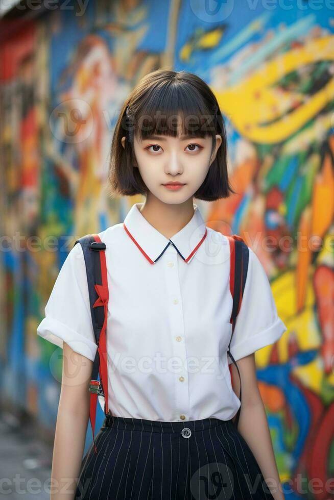 AI generated a young woman in a school uniform standing in front of a graffiti wall photo