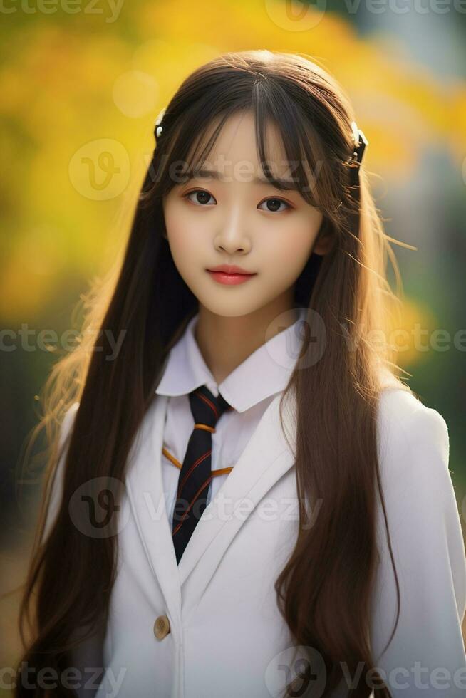 AI generated portrait of beautiful young japanese high school student girl in a school uniform outdoors photo