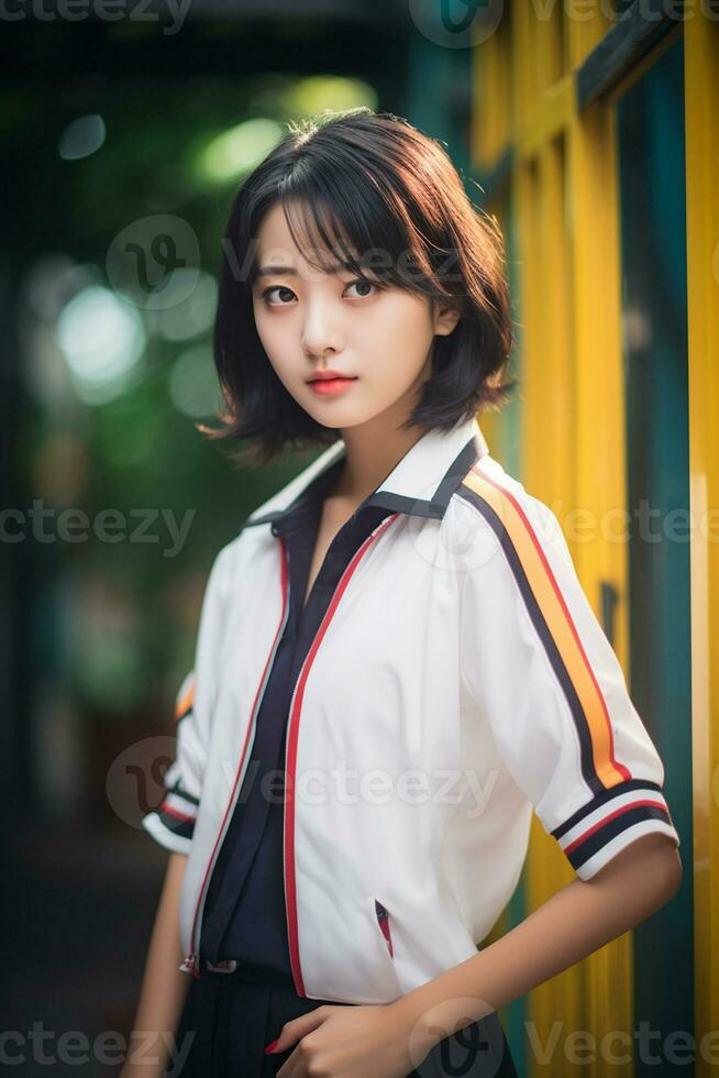 AI generated a young chinese high school student girl with short hair in a school uniform photo