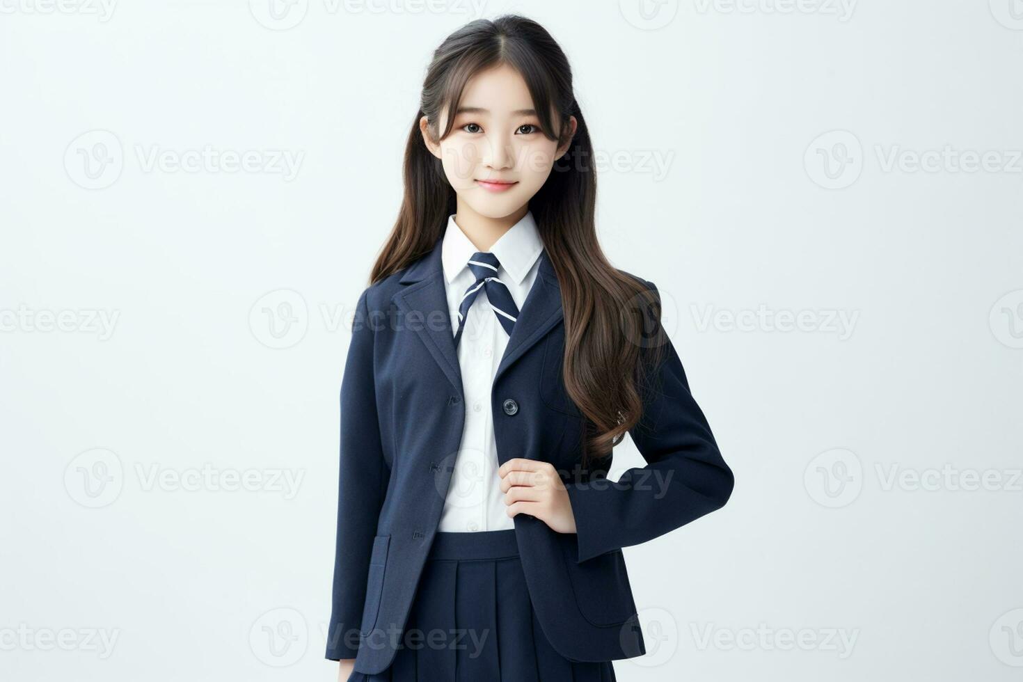 ai generado retrato de hermosa joven japonés alto colegio estudiante niña en un colegio uniforme aislado en un blanco antecedentes foto