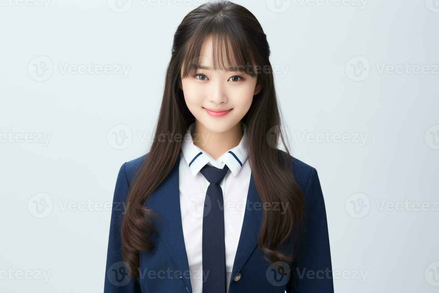 AI generated portrait of beautiful young japanese high school student girl in a school uniform isolated on a white background photo