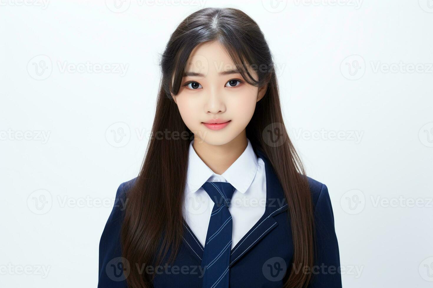 ai generado retrato de hermosa joven japonés alto colegio estudiante niña en un colegio uniforme aislado en un blanco antecedentes foto