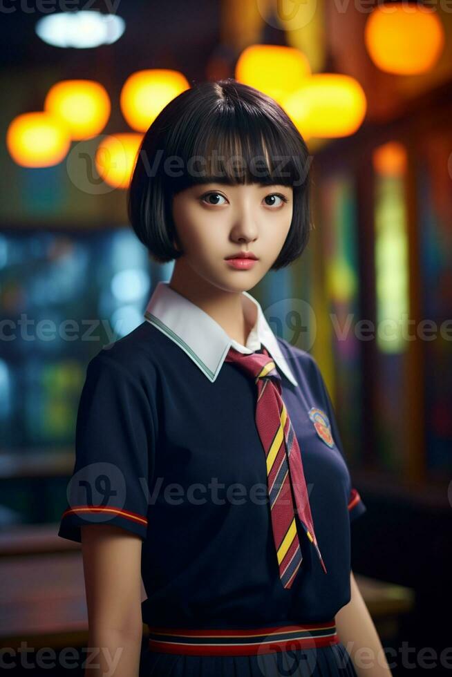 AI generated a young chinese high school student girl with short hair in a school uniform photo