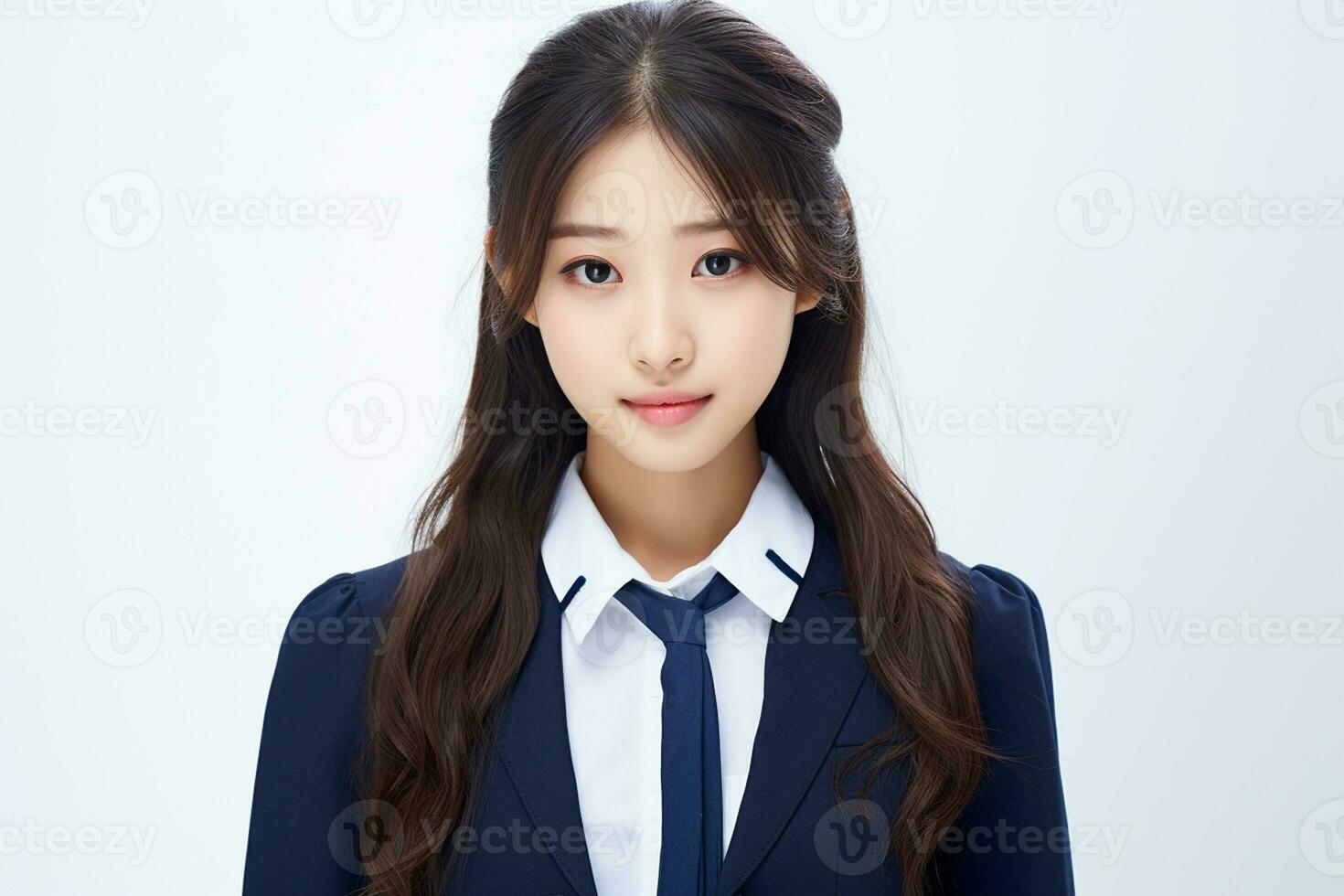 ai generado retrato de hermosa joven japonés alto colegio estudiante niña en un colegio uniforme aislado en un blanco antecedentes foto