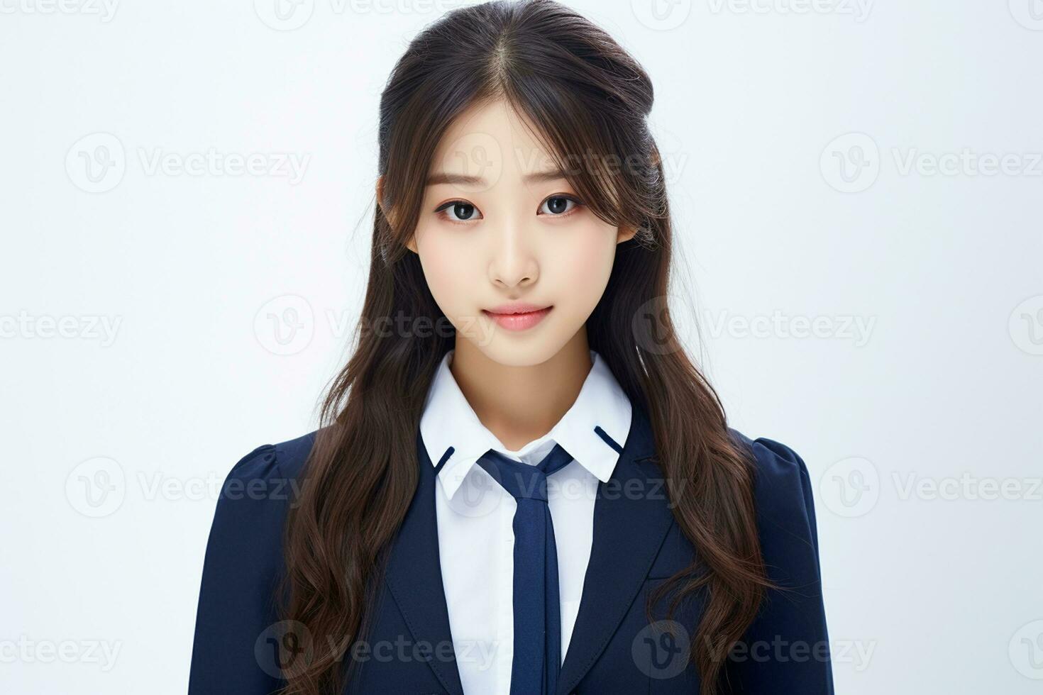 AI generated portrait of beautiful young japanese high school student girl in a school uniform isolated on a white background photo