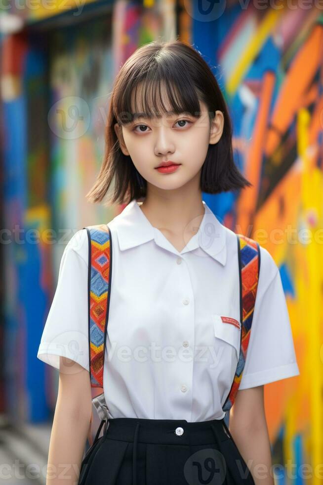 AI generated a young woman in a school uniform standing in front of a graffiti wall photo