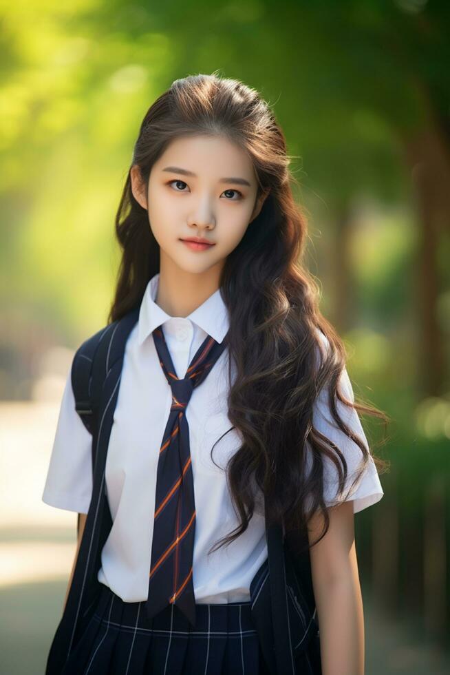 AI generated a young chinese high school student girl with wavy hair in a school uniform posing for a photo