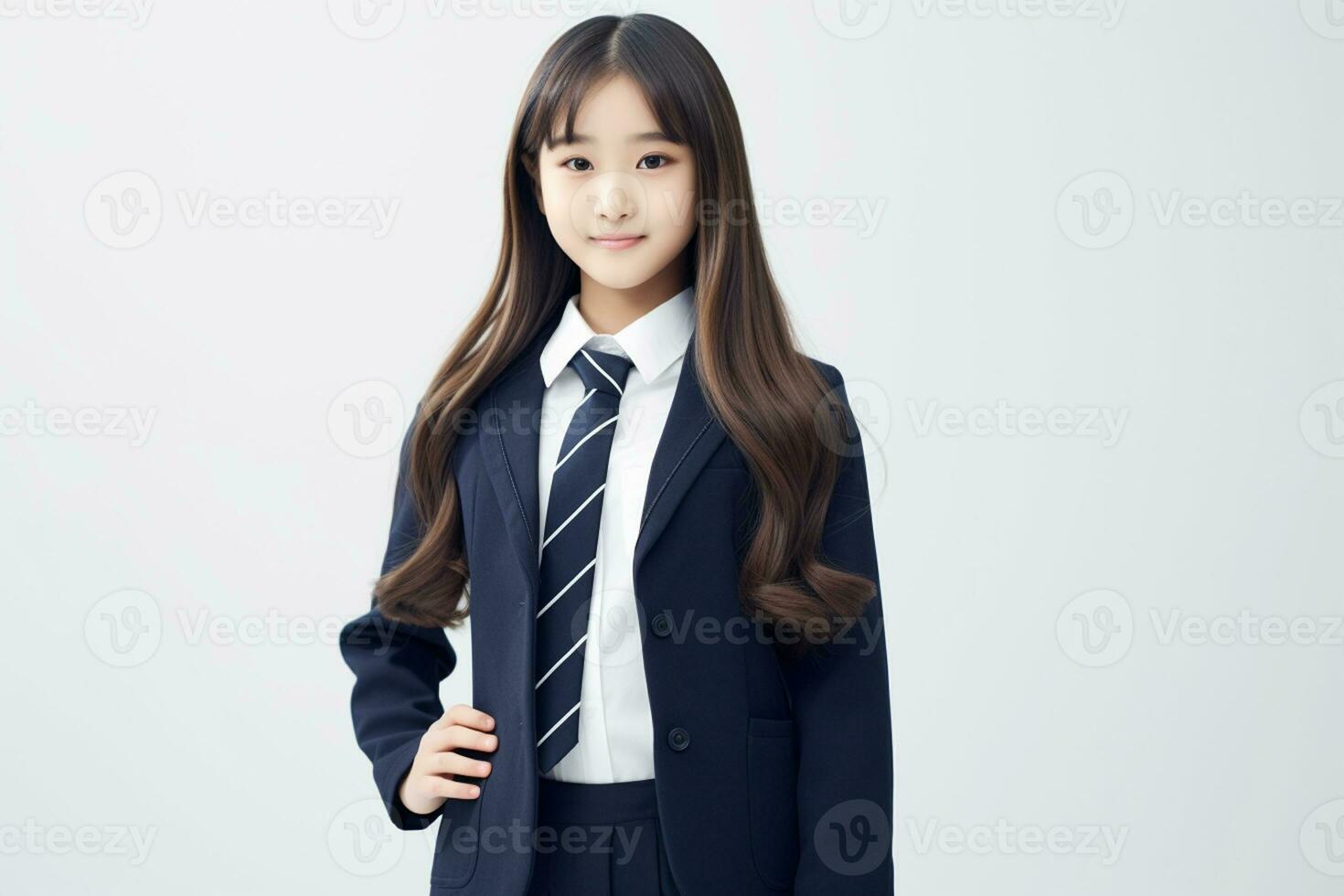 AI generated portrait of beautiful young japanese high school student girl in a school uniform isolated on a white background photo
