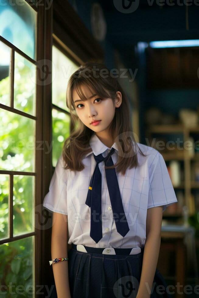 AI generated a beautiful asian young woman in school uniform outdoors photo