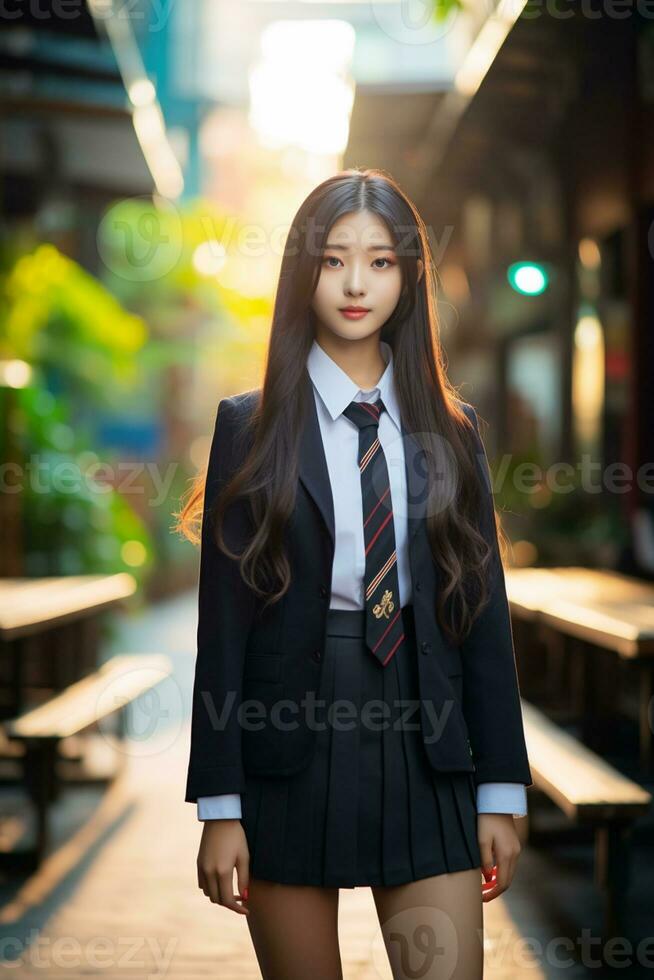 AI generated a young chinese high school student girl in a school uniform posing for a photo