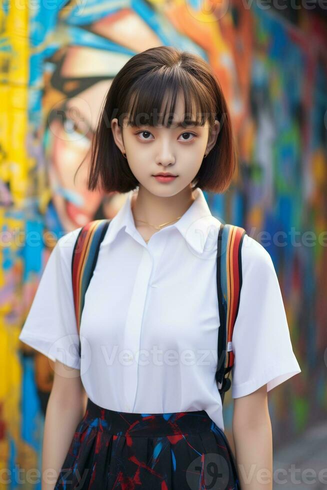 AI generated a young woman in a school uniform standing in front of a graffiti wall photo