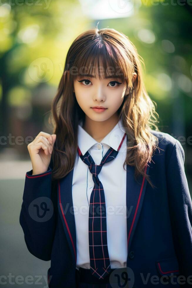 ai generado un hermosa asiático joven mujer en colegio uniforme al aire libre foto