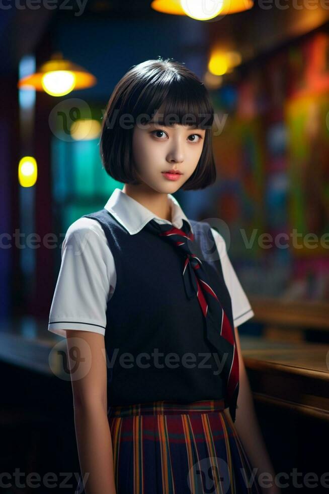 AI generated a young chinese high school student girl with short hair in a school uniform photo