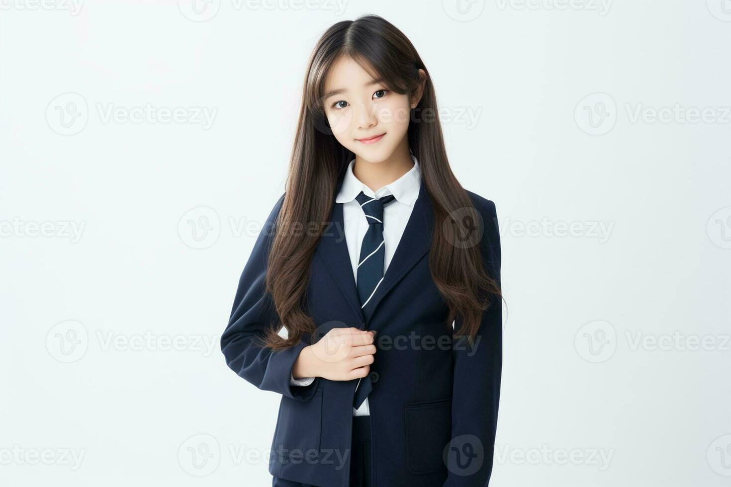 AI generated portrait of beautiful young japanese high school student girl in a school uniform isolated on a white background photo