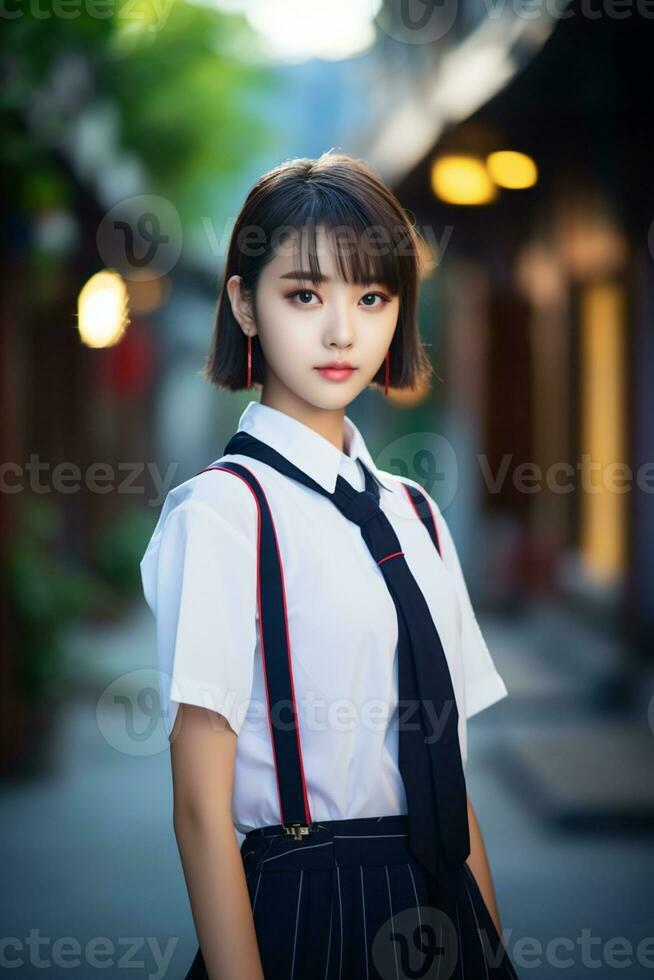 ai generado un joven chino alto colegio estudiante niña con corto pelo en un colegio uniforme foto