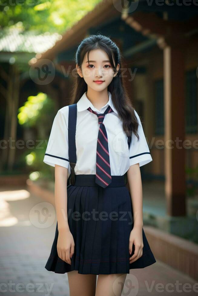 AI generated a young chinese high school student girl with wavy hair in a school uniform posing for a photo