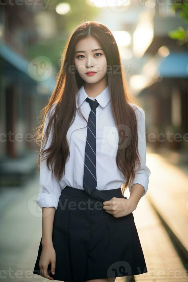 AI generated a young chinese high school student girl in a school uniform posing for a photo