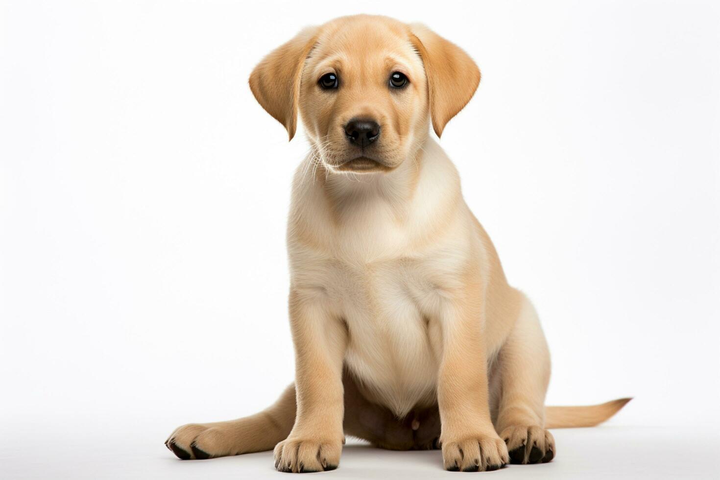 ai generado un perrito de Labrador perdiguero es sentado en frente de un blanco antecedentes foto