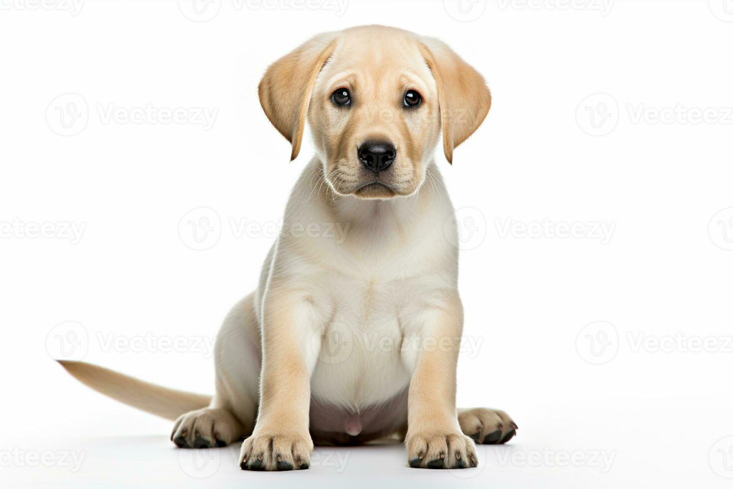 ai generado un perrito de Labrador perdiguero es sentado en frente de un blanco antecedentes foto