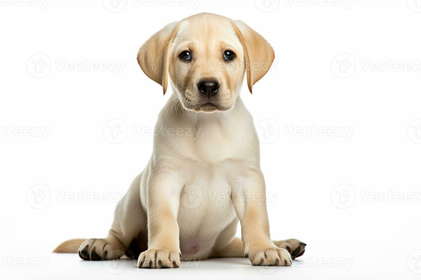 ai generado un perrito de Labrador perdiguero es sentado en frente de un blanco antecedentes foto