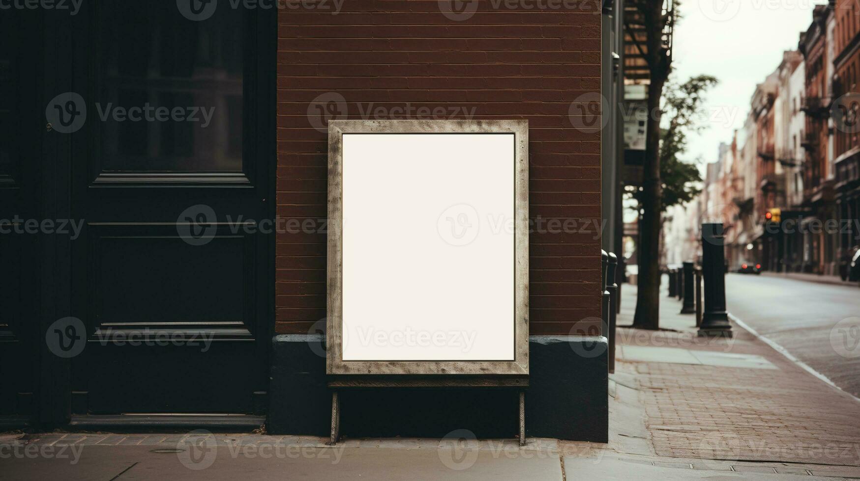 ai generado generativo ai, café tienda calle póster o letrero burlarse de arriba para logo diseño, marca presentación, estético apagado neutral colores, en el pared al aire libre foto