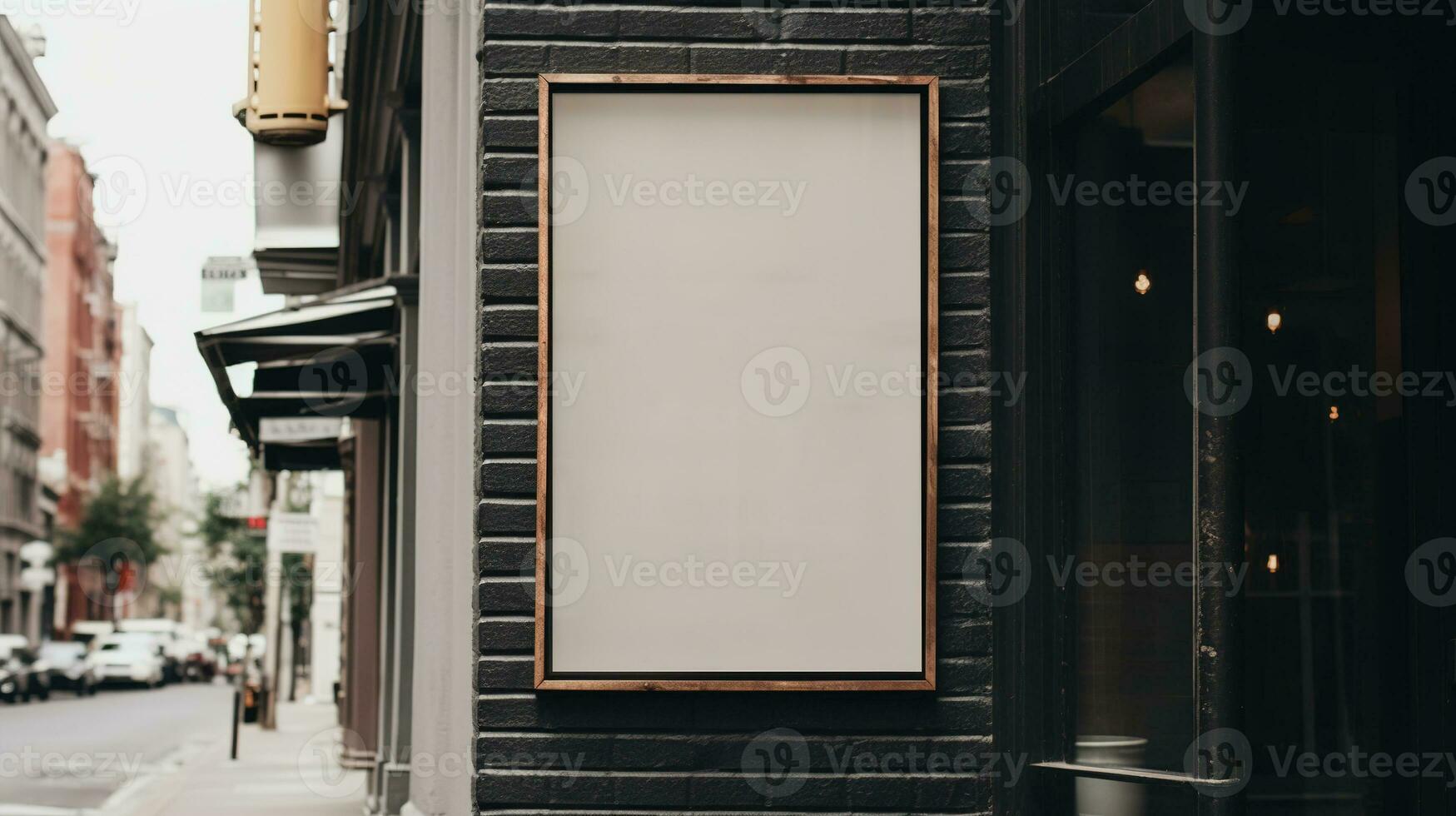 ai generado generativo ai, café tienda calle póster o letrero burlarse de arriba para logo diseño, marca presentación, estético apagado neutral colores, en el pared al aire libre foto