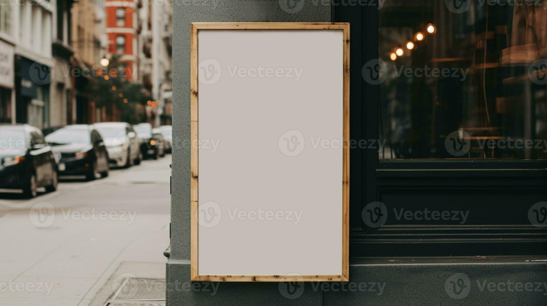 AI generated Generative AI, coffee shop street poster or signboard mock up for logo design, brand presentation, aesthetic muted neutral colors, on the wall outdoor photo