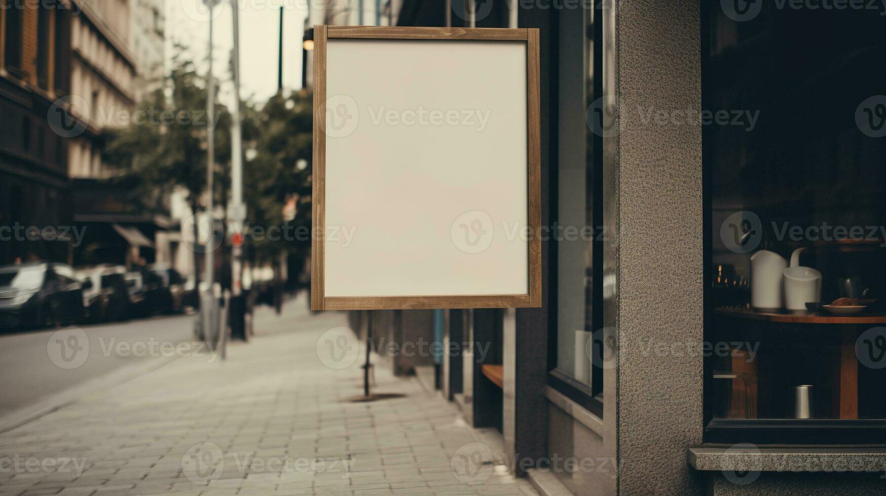 AI generated Generative AI, coffee shop street poster or signboard mock up for logo design, brand presentation, aesthetic muted neutral colors, on the wall outdoor photo