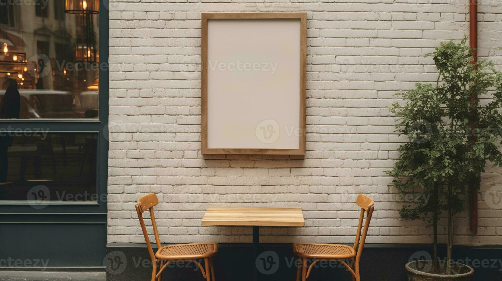 AI generated Generative AI, coffee shop street poster or signboard mock up for logo design, brand presentation, aesthetic muted neutral colors, on the wall outdoor photo