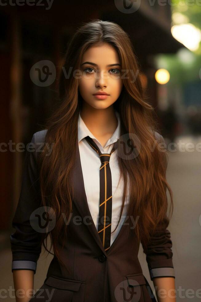 AI generated Beautiful indian girl wearing school uniform photo