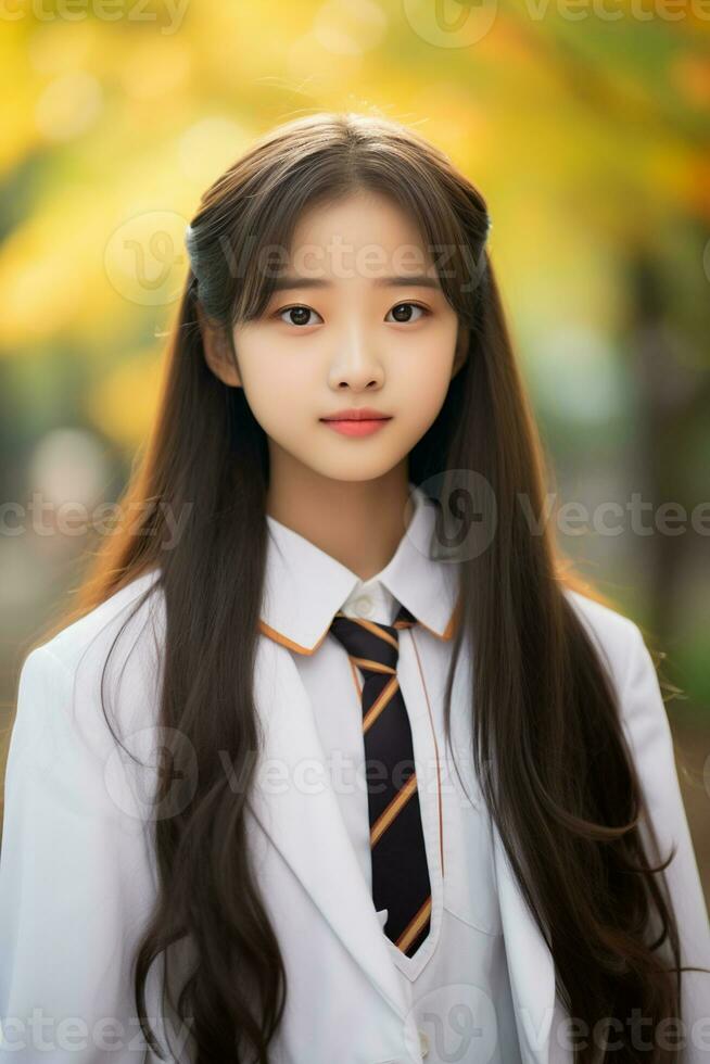 AI generated portrait of beautiful young japanese high school student girl in a school uniform outdoors photo