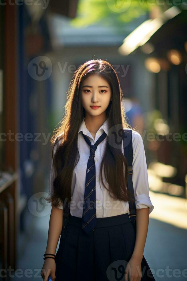 AI generated a beautiful young korean high school student girl in a school uniform outdoors photo