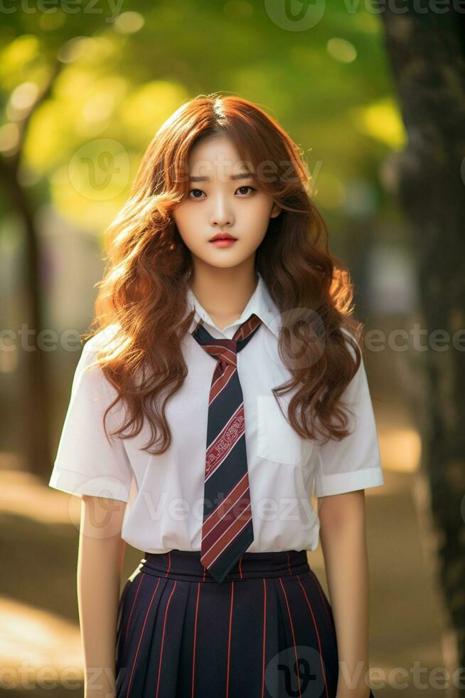 ai generado retrato de un hermosa joven coreano alto colegio estudiante niña con ondulado pelo en un colegio uniforme al aire libre foto