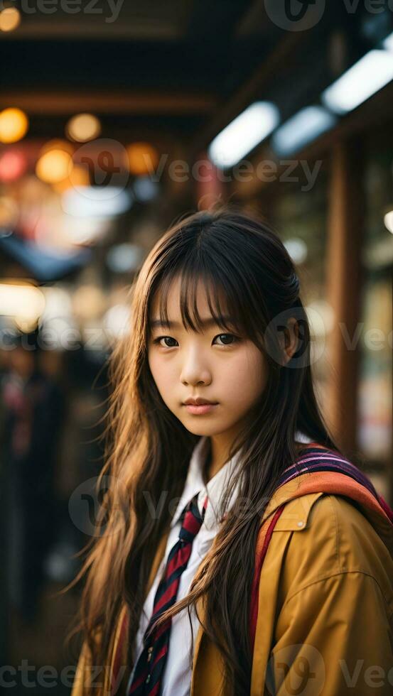 ai generado un joven japonés colegio niña con largo pelo vistiendo colegio uniforme y chaqueta foto