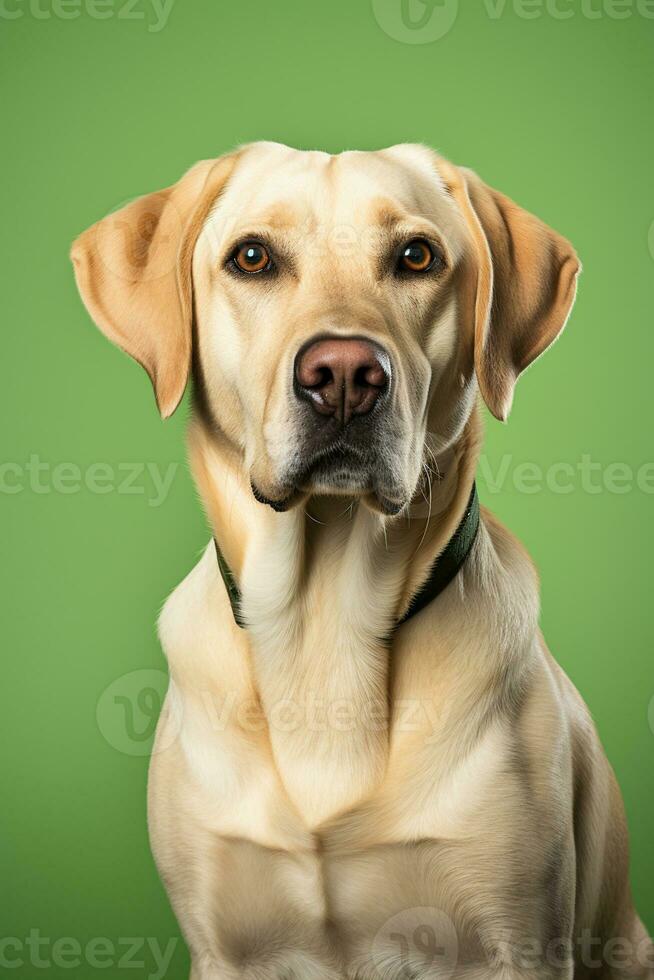 AI generated portrait of labrador retriever dog sitting on a green background, studio photo. photo