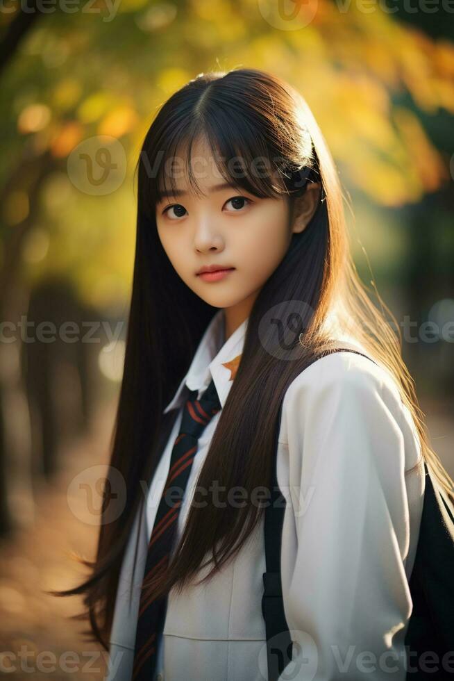 AI generated portrait of beautiful young japanese high school student girl in a school uniform outdoors photo