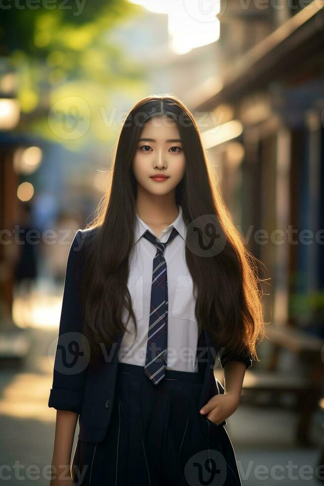 AI generated a beautiful young korean high school student girl in a school uniform outdoors photo