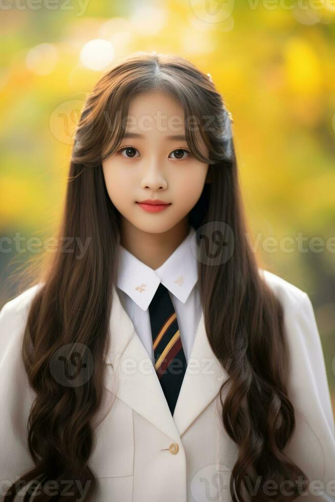 AI generated portrait of beautiful young japanese high school student girl in a school uniform outdoors photo