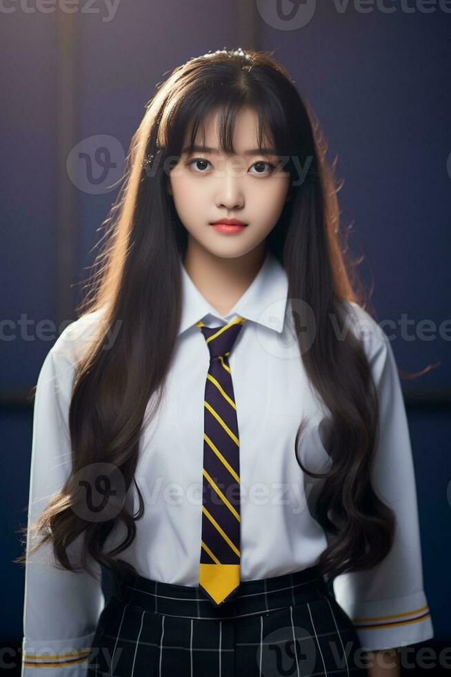 ai generado un hermosa joven coreano alto colegio estudiante niña en un colegio uniforme foto