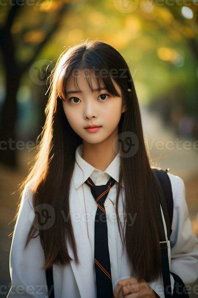 AI generated portrait of beautiful young japanese high school student girl in a school uniform outdoors photo